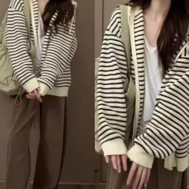 新品韩系软糯慵懒风条纹毛衣外套女秋季松弛感百搭小个子针织开衫