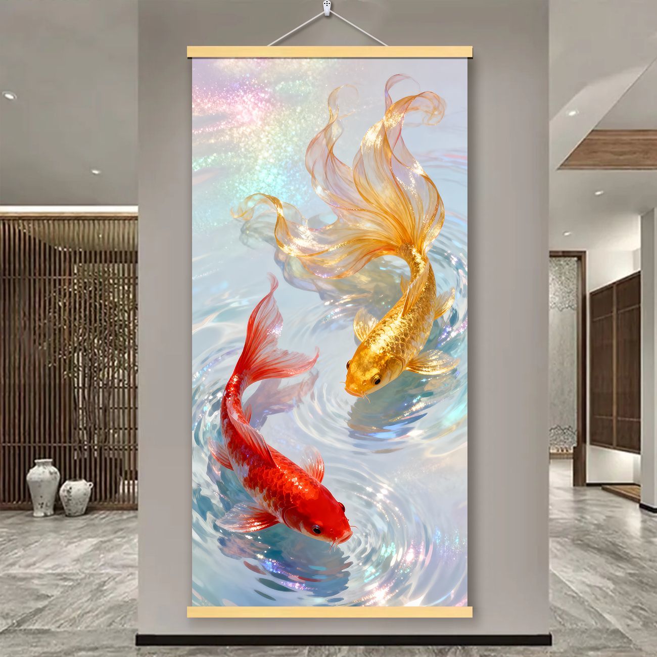 锦鲤国风风水防水挂画免打孔精品吉祥寓意玄关过道客厅装饰墙壁画