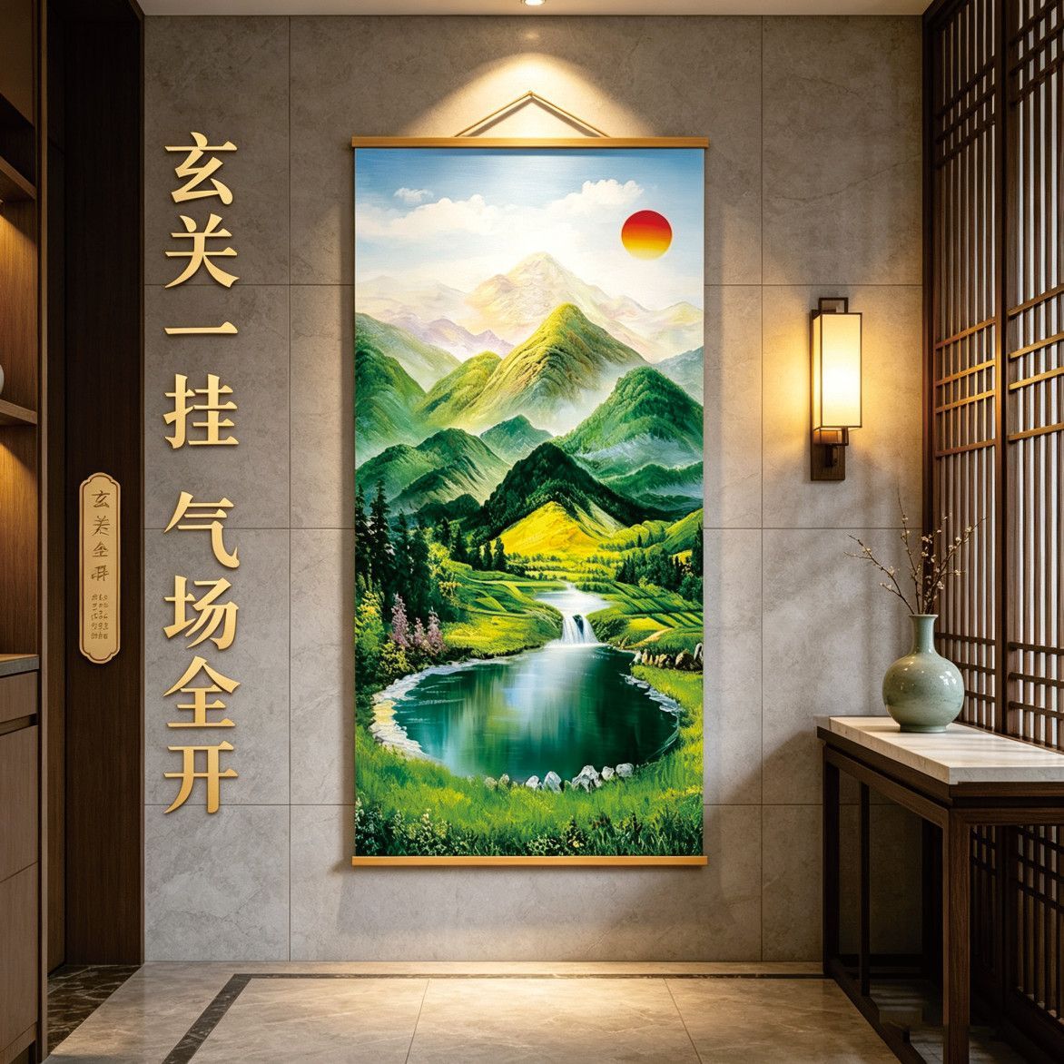旭日聚宝盆山水挂画实木卷轴玄关入户竖版装饰画客厅走廊招财国画