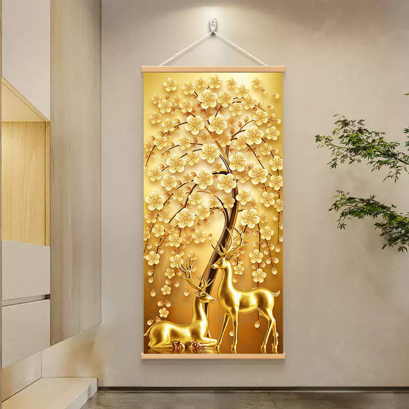 福禄招财入户玄关装饰画轻奢发财树福袋走廊过道竖版实木挂画