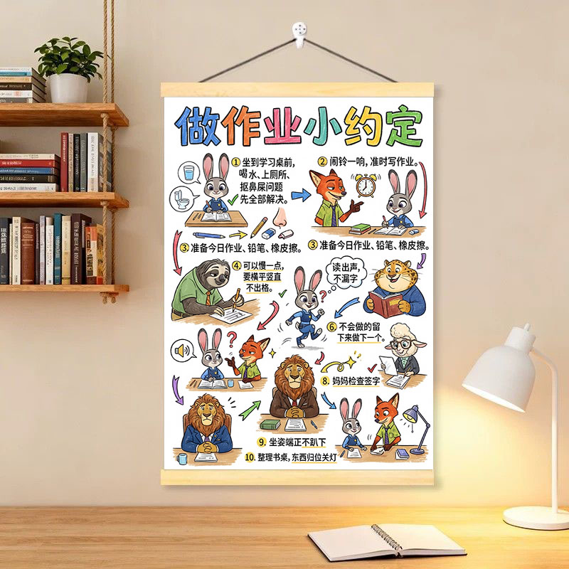 做作业小约定儿童学习习惯养成挂画家居书房客厅背景墙免打孔挂画