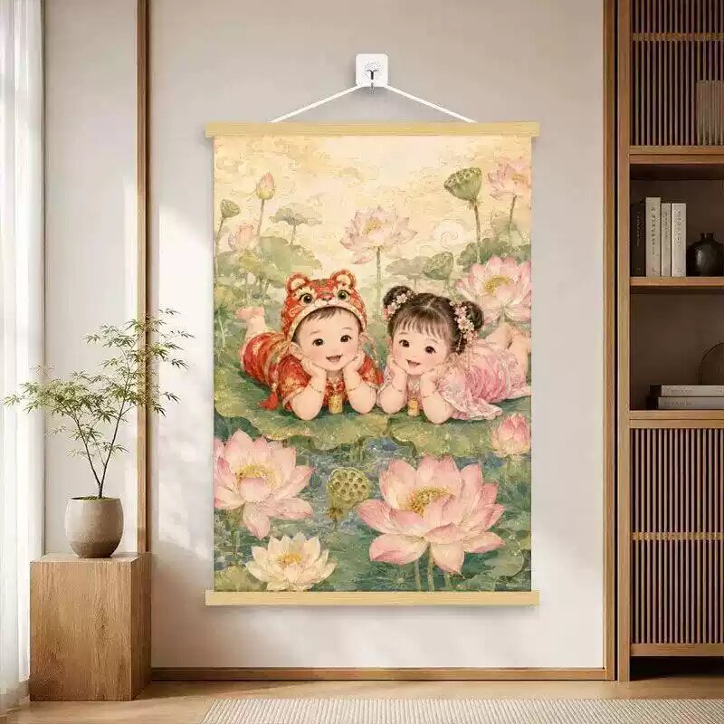 送子娃娃年画中式挂画装饰画卷轴备孕娃娃宝宝龙凤胎墙面卧室装饰