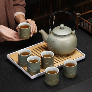 家用客厅喝茶杯简约大容量陶瓷泡茶壶茶盘 粗陶提梁壶大号餐厅套装