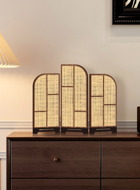 新中式复古屏风桌面摆件木格栅客厅电视柜装饰品创意玄关茶桌摆画