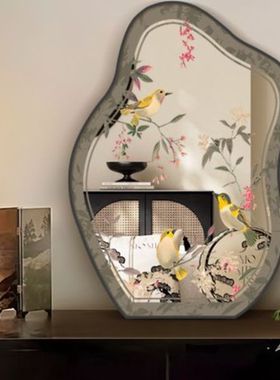 《喜上枝头》新中式镜子桌面摆件寓意好花鸟镜面装饰画卧室摆画
