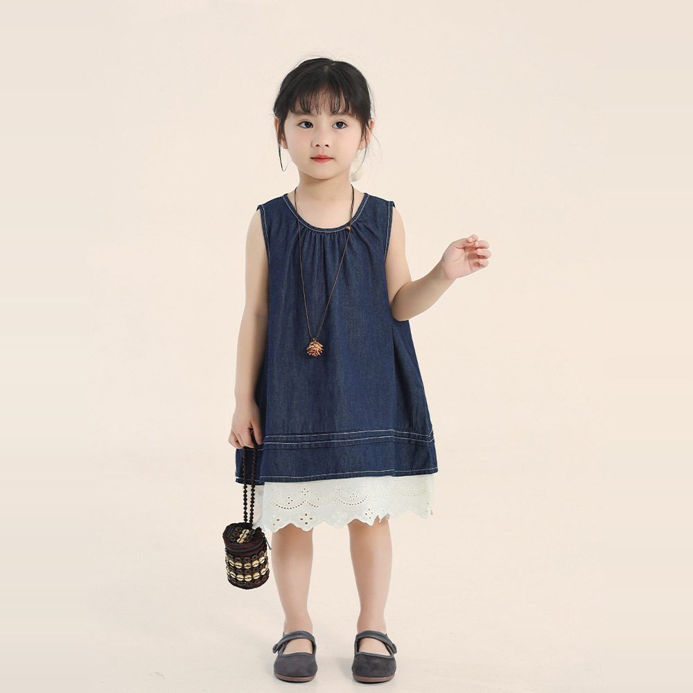 童装女童连衣裙夏季新款儿童韩版薄款牛仔裙中小童撞色花边A字裙