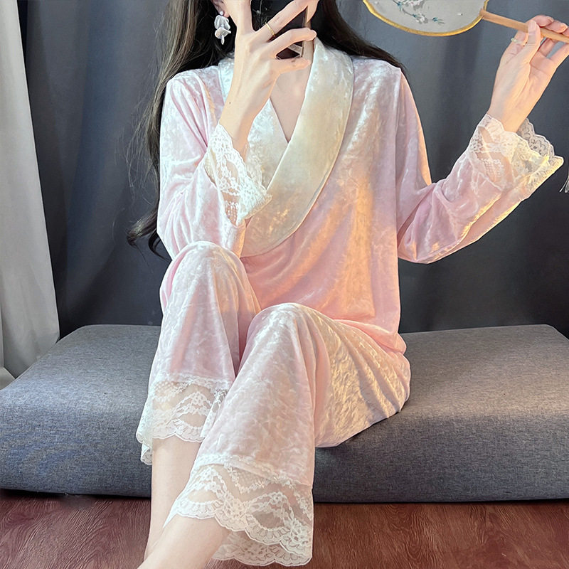 【实拍图】金丝绒睡衣女秋冬季长袖金钻绒感可外穿家居服套装