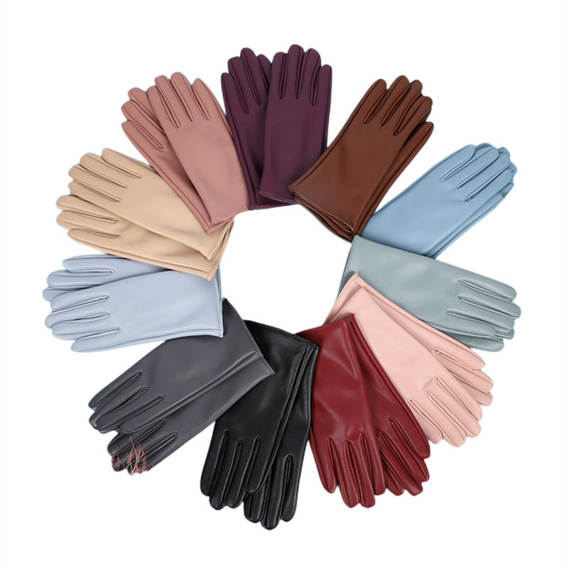 皮手套ins风彩色男女leather PU gloves加绒保暖防风纯色骑行手套