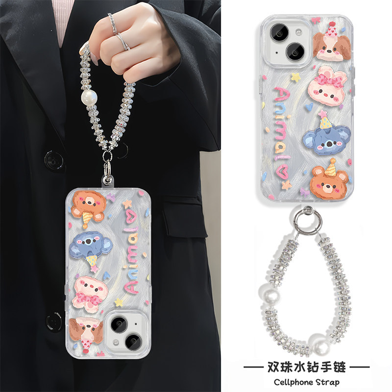 手腕findx8可爱iPhone15plus适用红米note14手机壳带挂绳12羽纱苹果16硬13promax卡通动物华为mate70高级感a5