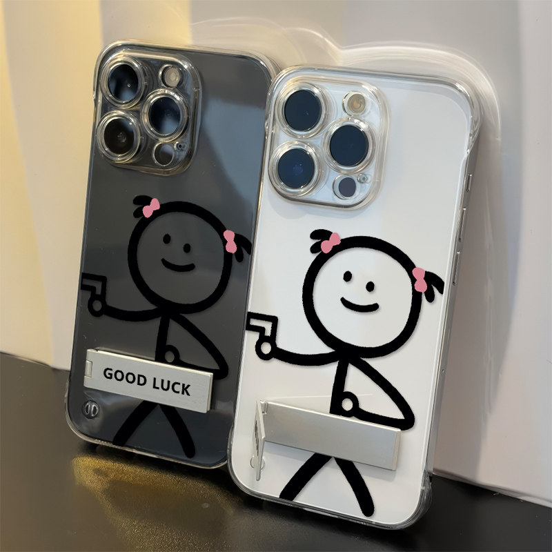 iPhone16透明带支架小众华为MATE80苹果13无边框硬适用14PLUS创意12超薄17ProMax手机壳拿枪火柴人红米NOTE15