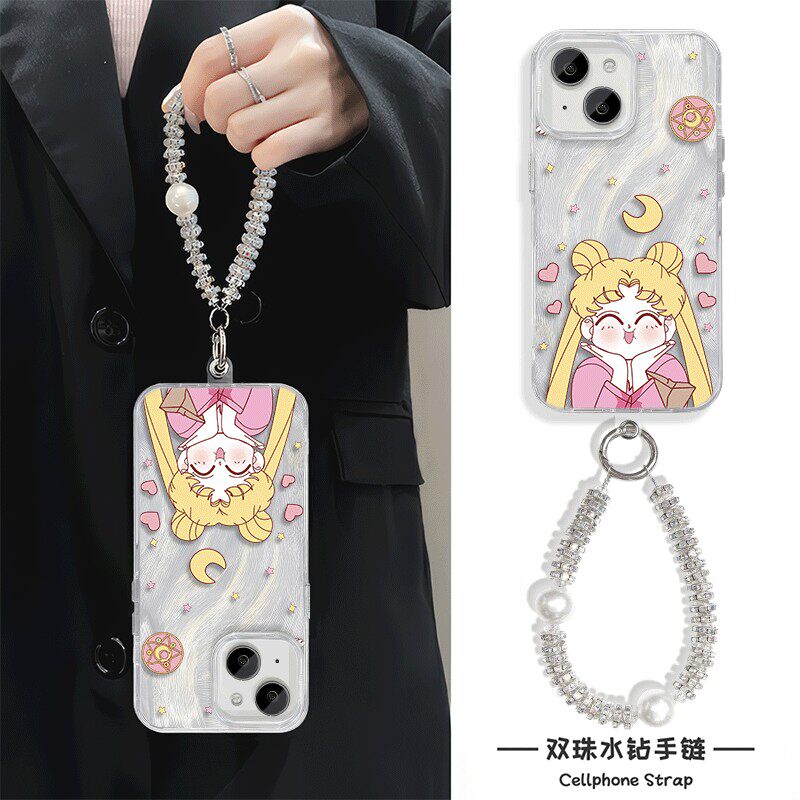 高级感iPhone15适用可爱手腕Reno13托腮少女水冰月16pro二次元14ProMax羽纱手机壳带挂绳硬苹果12红米k70女款