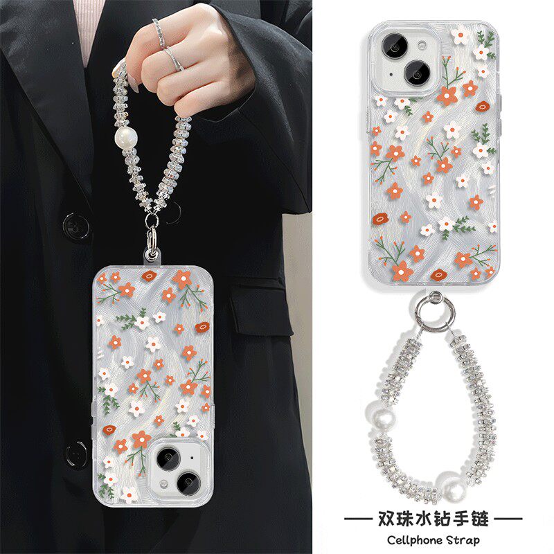 华为mate70高级感手腕Reno13适用16plus羽纱苹果14硬手链x200s创意iPhone15手机壳带挂绳12promax满屏花朵k80