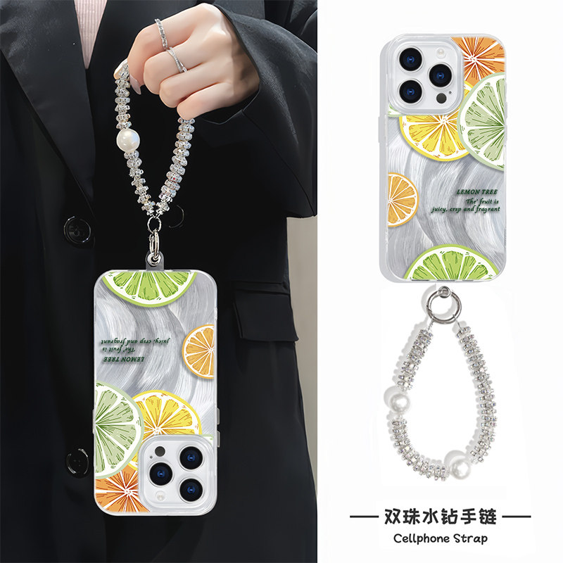 iPhone15英文柠檬链条neo10手机壳带挂绳硬16plus羽纱小众手腕Reno13苹果14高级感适用12ProMax创意手链x200s