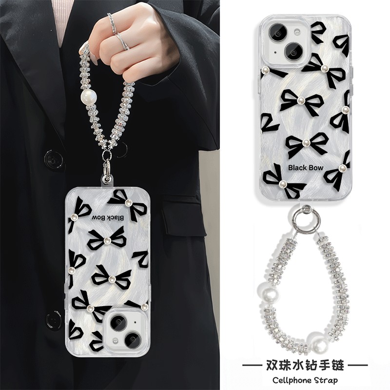 珍珠蝴蝶结手机壳带挂绳iPhone15适用硬ins风一加13创意羽纱16PLUS苹果14高级感12ProMax女款手腕FINDX8ULTRA