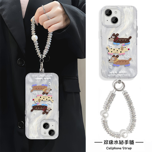 iPhone16e羽纱15适ProMax可爱英文腊肠狗链条neo10用硬14plus高级感苹果13手机壳带挂绳华为NOVA12创意少女心