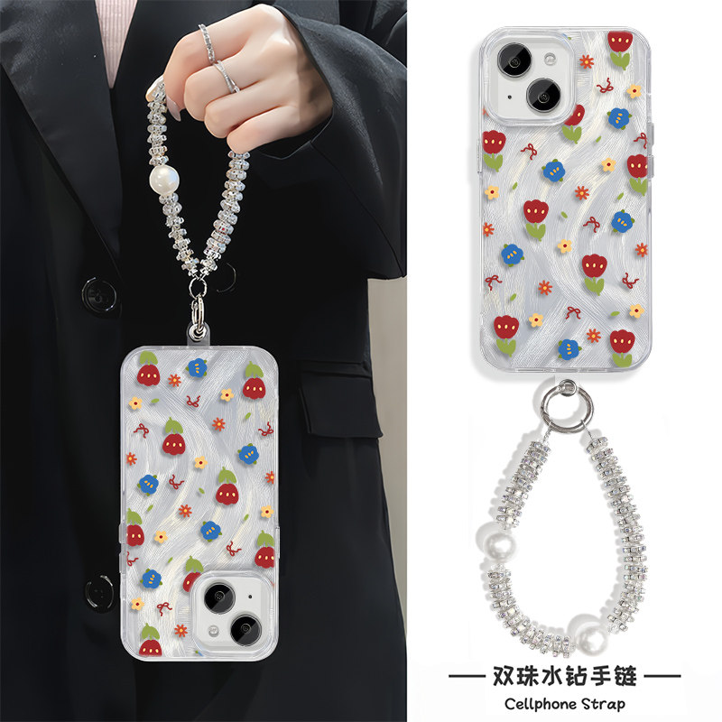 蝴蝶结花朵iPhone14手机壳带挂绳13羽纱K80Pro苹果15Plus适用Y300硬12ProMax高级感16E真我NEO7女ins风A5日韩