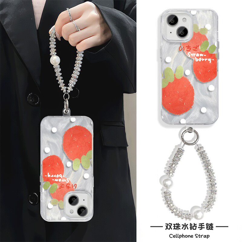 草莓iPhone13手机壳带挂绳RENO14羽纱NOVA12苹果15Plus适用Y300硬16ProMax高级感FINDX8女ins风TURBO4Pro日韩