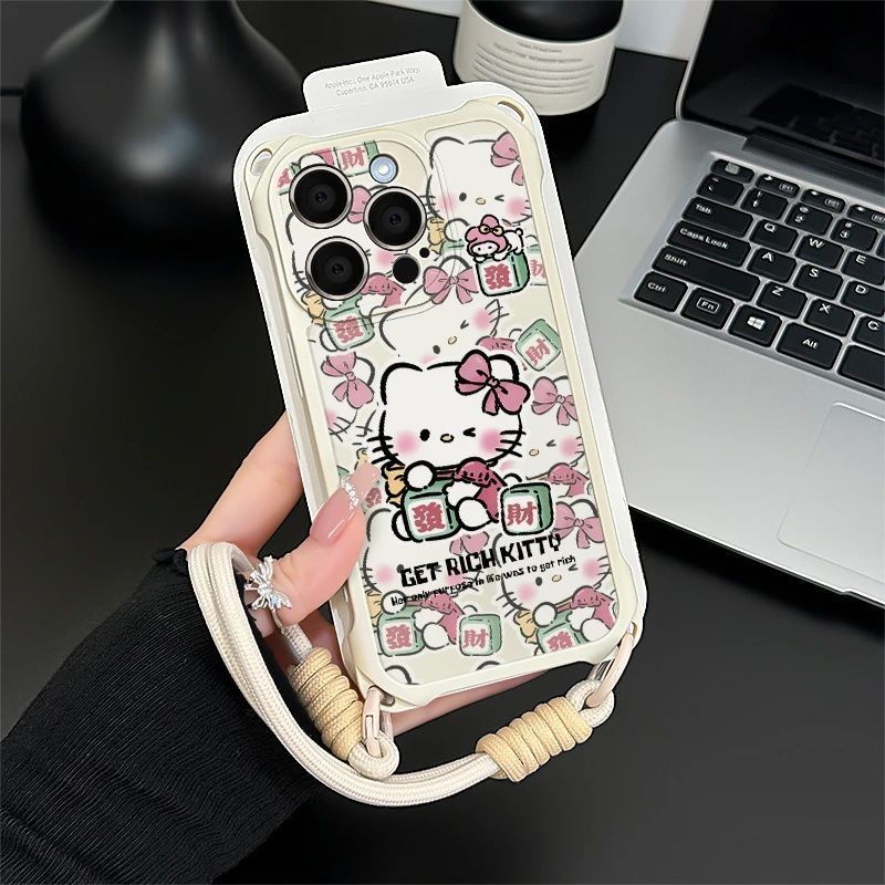 手腕Findx8少女心iPhone16发财凯蒂猫15适用14plus手机壳软苹果13斜跨手腕挂绳12ProMax四角防摔开孔x200可爱