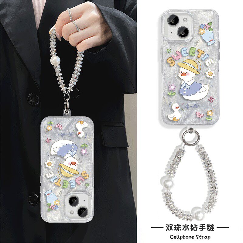 鸭子iPhone16手机壳带挂绳链条13羽纱NOTE14苹果15Plus适用FINDX8硬12ProMax高级感1加ACE5女ins风MATE70卡通