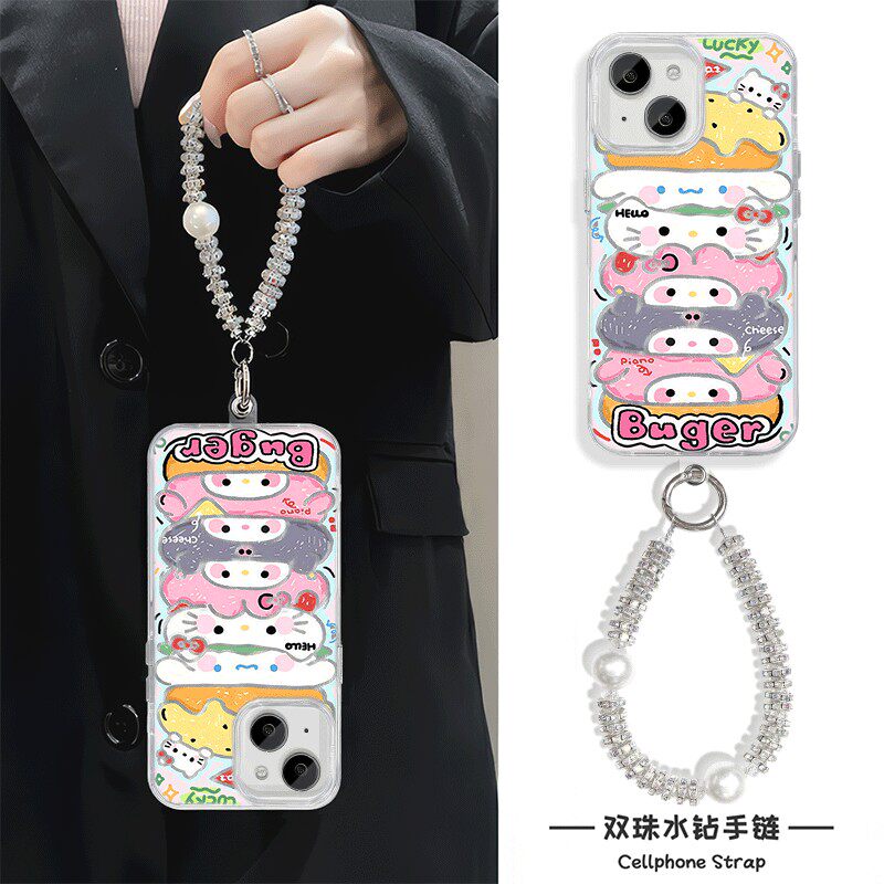 手机壳带挂绳16ProMax苹果1213适用iPhone17硬14羽纱15PLUS汉堡kt猫荣耀X70OPPOA5X高颜值VIVOY500红米14R