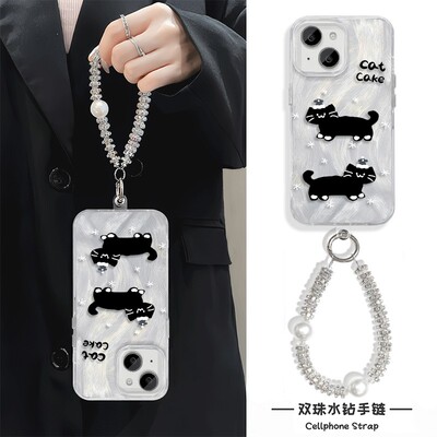 苹果14羽纱12ProMax红米TURBO4PRO英文黑猫高级感15PLUS手机壳带挂绳硬ins风链条13适用iPhone16E创意手链S20