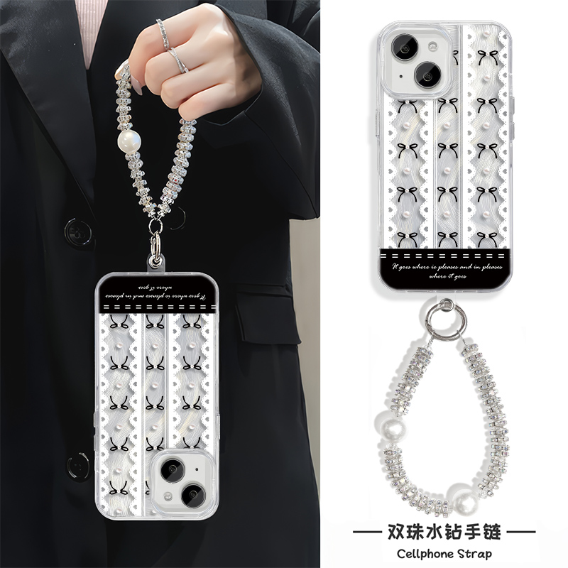 羽纱手机壳带挂绳ins风iPhone15珍珠蝴蝶结手链X200适用硬13女款手腕RENO14高级感16小众苹果12ProMax真我v70