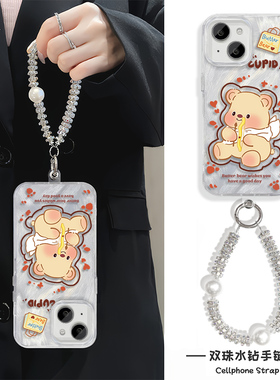 小熊丘比特iPhone12手机壳带挂绳RENO14羽纱K80苹果16Plus适用15Ultra硬13ProMax高级感MAGIC7女ins风S20卡通