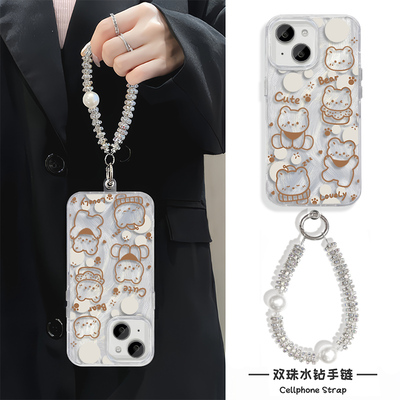 cate小熊适用苹果13可爱16pro手机壳带挂绳iPhone12华为Pura70硬15ProMax高级感红米note14pro羽纱手腕findX8
