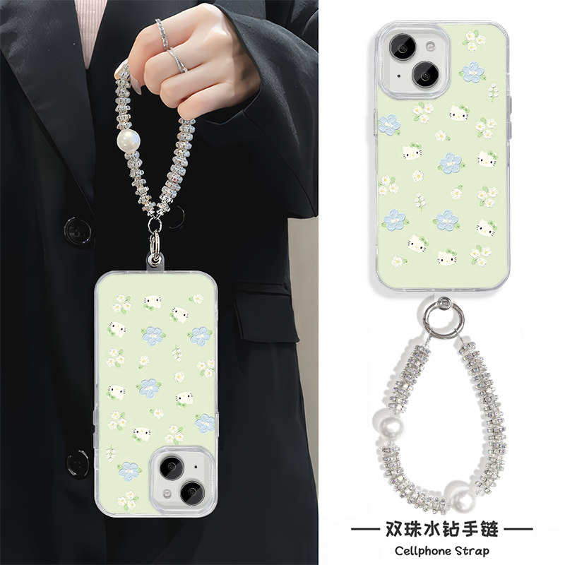 iPhone15羽纱卡通VIVOs30苹果14plus小清新手机壳带挂绳13适用16硬12小米17ProMax新款ins花朵凯蒂猫一加ace5