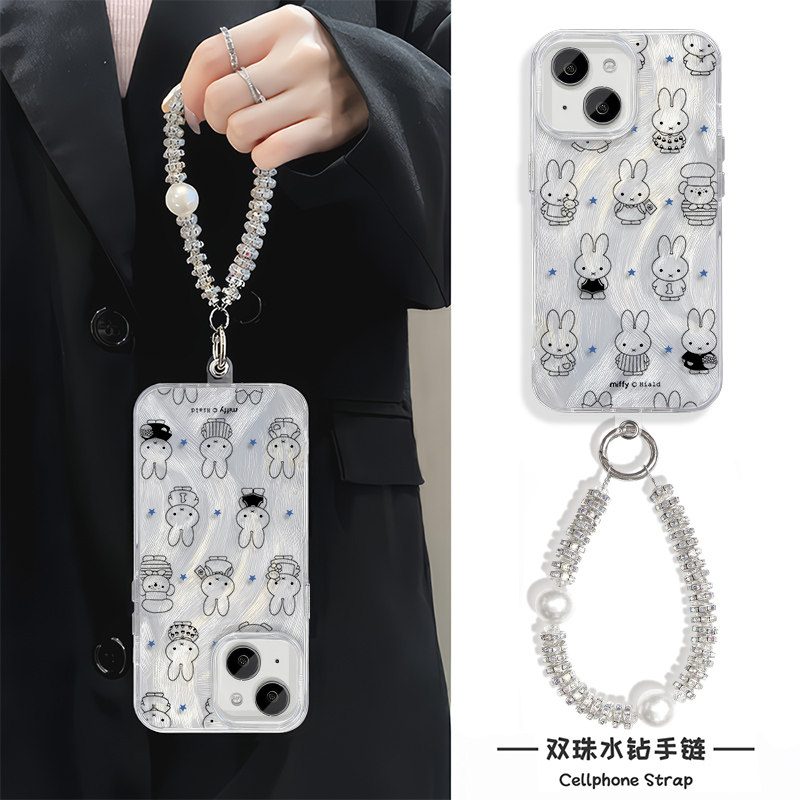 iPhone16适用硬15ProMax羽纱14苹果13plus手机壳带挂绳12高级感满屏可爱米菲兔荣耀X70I红米k70OPPOK12X一加9