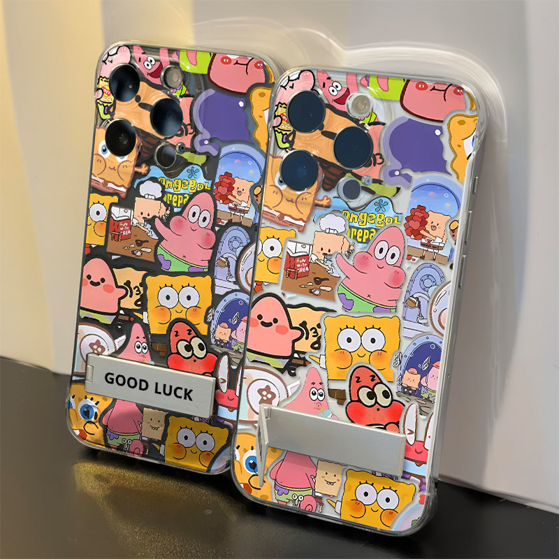 华为PURA80无边框13手机壳带支架iPhone12卡通16PLUS满屏蟹堡王适用苹果14超薄15ProMax硬小米17透明VIVOX300