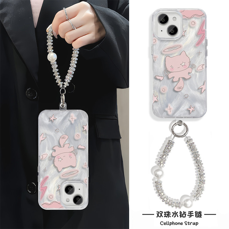 13ProMax羽纱12手机壳带挂绳16可爱天使猫咪苹果15plus适用硬iPhone14高级感华为Mate60少女心荣耀x70i高颜值
