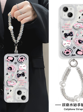 华为mate70ins风12promax适用红米note14羽纱iPhone15plus硬手腕Reno13手机壳带挂绳苹果16凯蒂猫s20高级感女