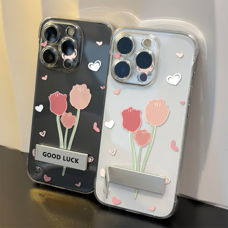 爱心郁金香苹果16promax无边框透明小米15Ultra适用iPhone12超薄荣耀POWER手机壳带支架华为nova14硬13高级感