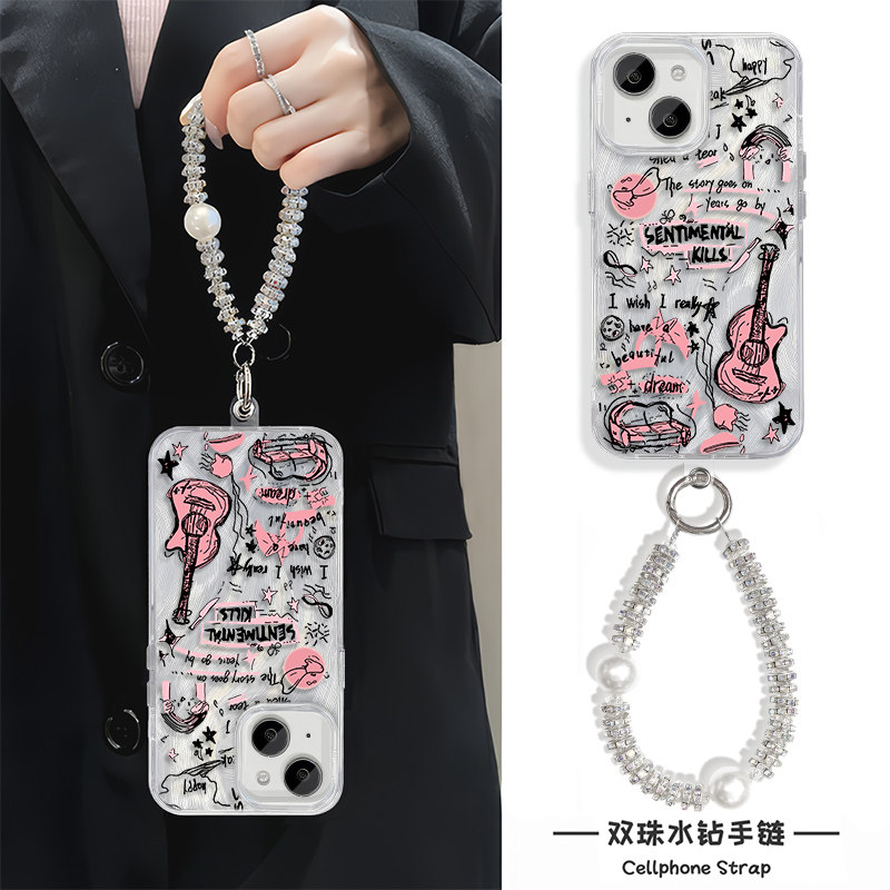 iPhone16适用硬15羽纱14plus苹果13手机壳带挂绳12ProMax高级感ins风涂鸦吉他OPPOFINDX8红米K80一加ACE5荣耀