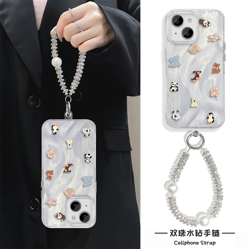 真我gt7pro少女心iPhone16羽纱15plus高级感手链链条13手机壳带挂绳苹果12适用硬14ProMax蝴蝶结小动物a5可爱