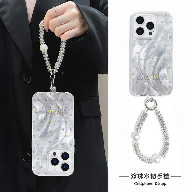iPhone15小众手机壳带挂绳硬高级感16plus简约苹果12羽纱ins风13ProMax英文彩色波点红米note14适用小清新s19