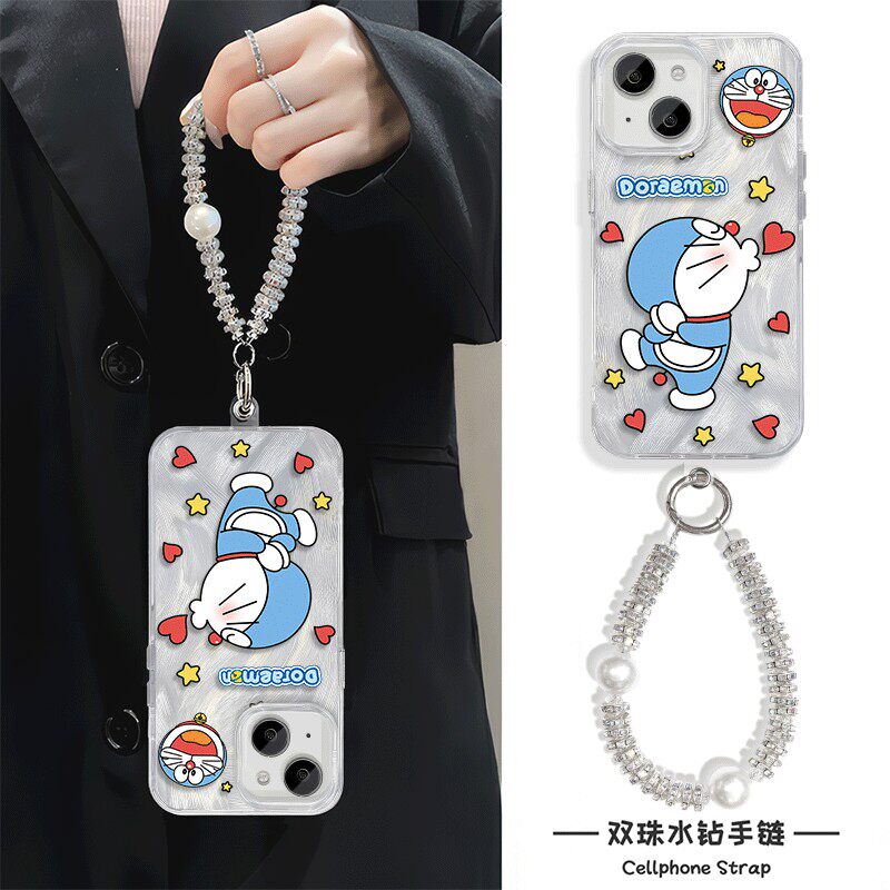 嘟嘴叮当猫iPhone16羽纱硬15plus可爱14ProMax适用苹果13卡通华为Nova12ultra手机壳带挂绳手链x200s真我neo7