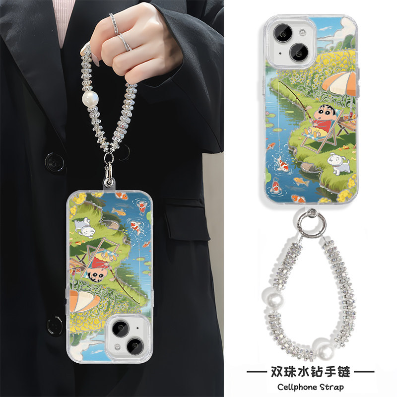 16ProMax钓鱼小新小白OPPOFindx8可爱iPhone17适用硬15pro羽纱14plus卡通苹果13手机壳带挂绳12ins风真我NEO7