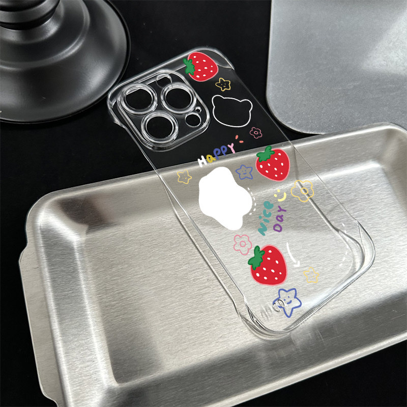 ins风草莓苹果15ProMax透明超薄14plus无边框iPhone12高级感华为NOVA13适用硬16e手机壳带支架手腕Findx8创意