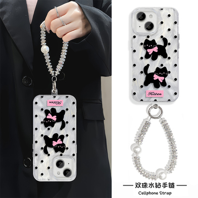 手机壳带挂绳14plus创意适用手腕Reno13pro标签英文黑猫iPhone16卡通12ProMax羽纱硬ins风苹果15高级感a5女款