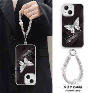 油画蝴蝶高级感16plus手机壳带挂绳硬15ProMax畅享80小众苹果14适用羽纱iPhone13华为Nova12创意手腕A5活力版