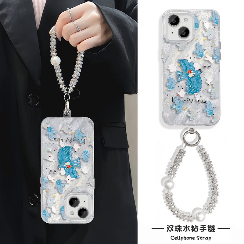 红米note14手机壳带挂绳iPhone13高级感手腕Reno12适用硬15ProMax艺术小鸟小孩苹果16plus羽纱真我gt7pro超仙