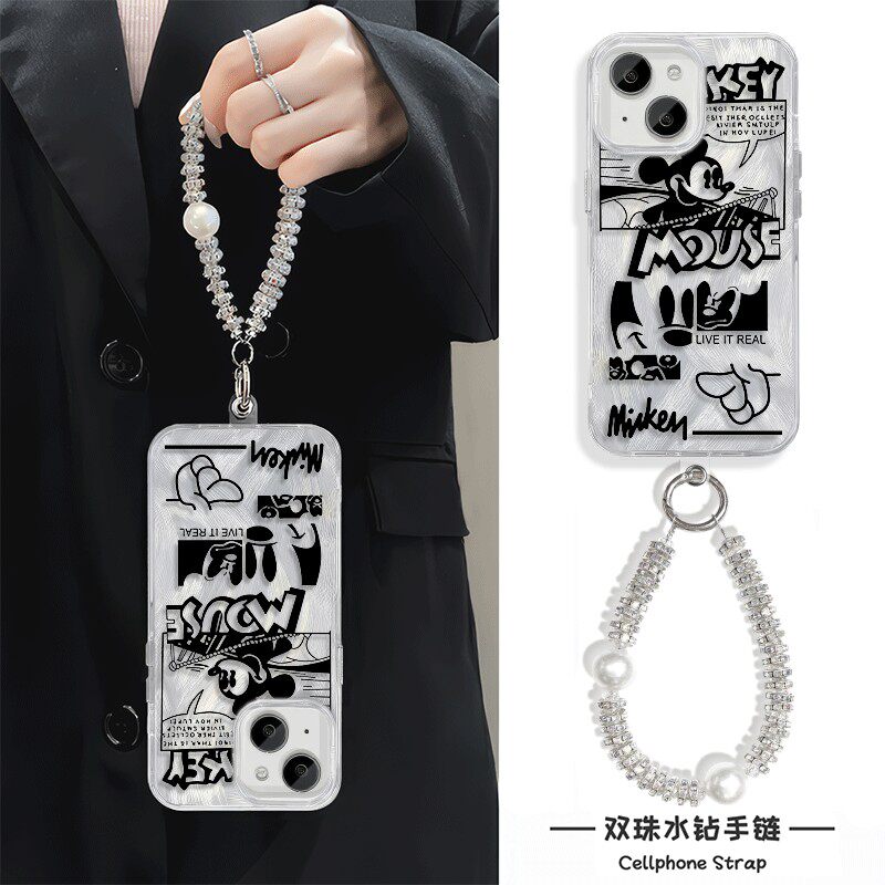 适用卡通15ProMax硬苹果12羽纱iqoo13复古米奇16plus手机壳带挂绳iPhone14荣耀magic6高级感女华为Pura70pro+