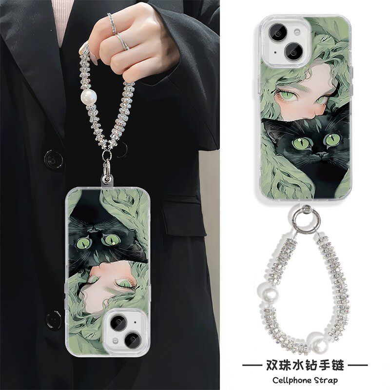 苹果16promax硬iPhone13手机壳带挂绳华为nova12绿发黑猫15plus适用Findx8高级感红米note14羽纱11荣耀MAGIC7