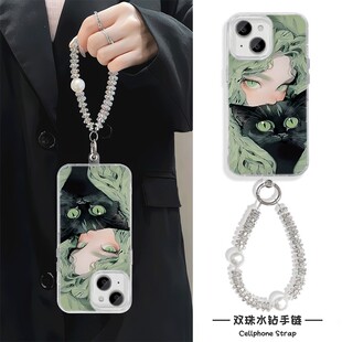 苹果16promax硬iPhone13手机壳带挂绳华为nova12绿发黑猫15plus适用Findx8高级感红米note14羽纱11荣耀MAGIC7