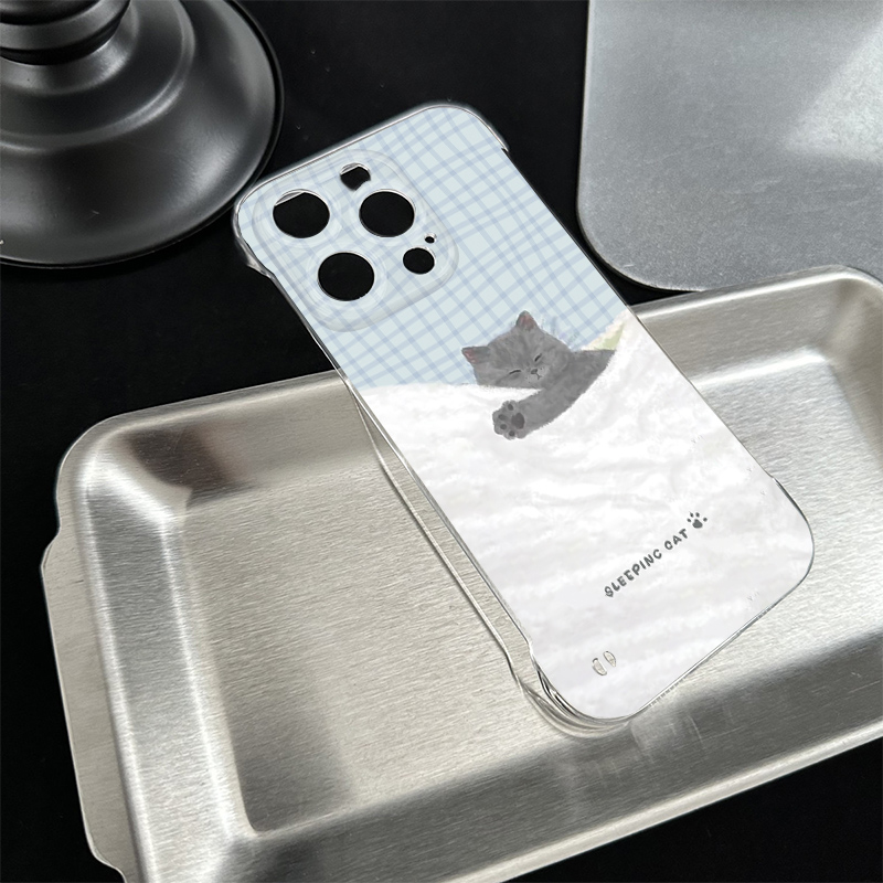 苹果16透明硬可爱iPhone14超薄无边框12新款睡觉情侣猫咪高级感15ProMax适用X200S手机壳带支架一加ACE5ULTRA