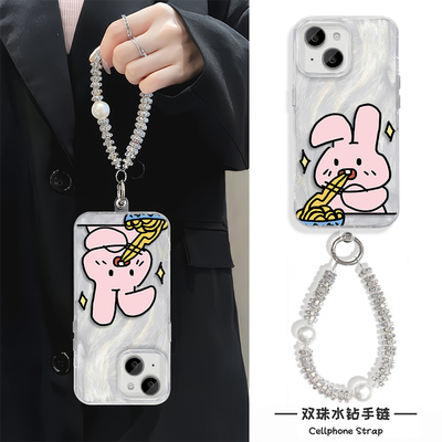 羽纱硬苹果14适用一加13情侣干饭小兔17ProMax高级感12小米CIVI5PRO创意手机壳带挂绳iPhone16PLUS可爱note15
