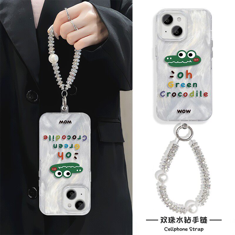 苹果16羽纱硬12ProMax英文鳄鱼头高级感15PLUS红米TURBO4PRO手机壳带挂绳iPhone14适用链条13小众手腕FINDX8S