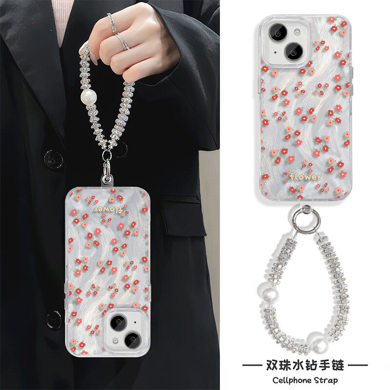 华为mate70小清新女iPhone15plus适用红米note14羽纱苹果16硬手腕Reno13手机壳带挂绳12promax花朵英文高级感
